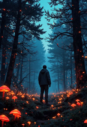 A lone figure stands at the edge of a dense and foreboding dark forest, the faint glow of luminescent mushrooms lighting the misty atmosphere. The subject's silhouette is set against the dark trees, with the faint outline of the lost path visible in the distance. The mood is contemplative, with a sense of uncertainty and doubt hanging in the air.