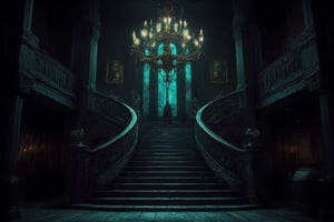 This image depicts the grand interior of a gothic mansion, steeped in mystery and dark elegance, evoking a classic haunted house ambiance.

- **The staircase**: At the center of the image is a large, sweeping staircase that ascends in two directions, forming a dramatic focal point. The staircase is made of dark wood, with intricately carved bannisters that give a sense of grandeur. The shadows cast by the wood add a haunting depth.

- **Chandelier**: Hanging from the high ceiling is a large, ornate chandelier, illuminating the room with a dim, ghostly light. The chandelier's design fits the gothic style, with multiple candles casting flickering shadows across the room.

- **Walls and pillars**: The walls are lined with dark wood paneling, intricately carved with gothic motifs and designs. Large pillars on either side of the staircase add a sense of weight and structure to the room, giving it a cathedral-like atmosphere.

- **Portraits and candles**: Several old portraits hang on the walls, their figures painted in dark tones, further enhancing the unsettling mood. These portraits likely represent the former inhabitants of the mansion, their expressions somber and foreboding. On both sides of the room, tall candelabras hold more candles, adding to the flickering, eerie light in the space.

- **Windows and lighting**: Behind the staircase is a large arched window, with opaque glass, allowing a faint greenish-blue glow to seep through. This light is dim, almost moonlike, contributing to the overall gloomy and supernatural feel. The muted lighting adds mystery, making the room feel uninhabited yet watched.

- **Flooring**: The wooden floor is slightly worn, suggesting that while the mansion is old, it has stood the test of time. The floorboards creak with history, perhaps hiding secrets beneath them.

This image conveys an atmosphere of decay and grandeur, as if this mansion was once magnificent but now holds untold dark stories within its walls. It could easily serve as a setting for a gothic horror narrative or a haunted estate.