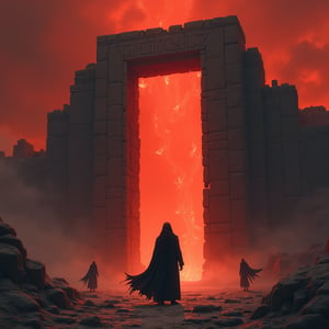 A desolate landscape beneath a blood-red sky, where a figure clad in dark robes stands before a massive, ancient stone gate inscribed with glowing runes. The gate opens into a void filled with swirling mists, and the figure extends their hand towards it, while shadowy figures linger in the background, watching silently