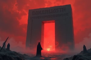 A desolate landscape beneath a blood-red sky, where a figure clad in dark robes stands before a massive, ancient stone gate inscribed with glowing runes. The gate opens into a void filled with swirling mists, and the figure extends their hand towards it, while shadowy figures linger in the background, watching silently