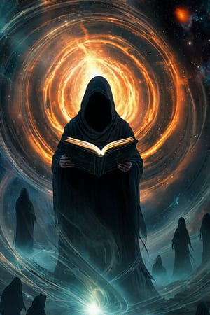 Cosmic Vortex: In a boundless, starless expanse, a dark void swirls with ominous shadows, punctuated by ethereal symbols that glimmer like distant stars. A hooded figure stands at the void's center, grasping an open tome whose pages shimmer with darkness and radiance. The figure's face remains concealed, but their eyes aglow, illuminate secrets of the cosmos. Faintly, ghostly apparitions rise from the abyss, set against a backdrop of swirling nebulae and distant celestial bodies.