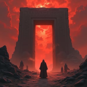 A desolate landscape beneath a blood-red sky, where a figure clad in dark robes stands before a massive, ancient stone gate inscribed with glowing runes. The gate opens into a void filled with swirling mists, and the figure extends their hand towards it, while shadowy figures linger in the background, watching silently