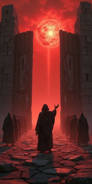 A desolate landscape stretches out beneath a blood-Red sky, ashen hues casting long shadows across cracked earth. A lone figure, shrouded in dark robes, stands poised before an ancient stone gate, glowing runes etched into its weathered surface. The gate's massive wooden slats creak open, revealing a void shrouded in swirling mists. The figure extends their hand, palm upwards, towards the churning mist, while shadowy silhouettes gather behind, their faces obscured by darkness, watching with an air of silent anticipation.