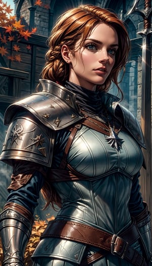 Masterpiece, beautiful details, perfect focus, uniform 8K wallpaper, high resolution, exquisite texture in every detail, Female witcher,brown leather armor with steel plate, ginger hair, braided hair, two swords on back,puts a hand on the sword on his back, wolfhead medallion, witcher armor, Dimly lit, Foggy, Octane Render, Fantasy style, Dark souls style, wood, autumn, her eyes are green and glowing , Masterpiece, 