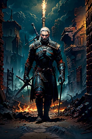Masterpiece, beautiful details, perfect focus, uniform 8K wallpaper, high resolution, exquisite texture in every detail, The witcher walks through a foggy dark brick hallway, which is sparsely lit with torches hanging in holders on the wall, with his left hand he has drawn his silver sword and points it to the ground, the steel sword is in the sheath on his back,  a grim expression on his face, his medallion hangs visibly around his neck, his cat eyes glow slightly red through the darkness, view from the front, full body, nodf_lora,  beard,  yellow eyes,  armor,  chainmail ,