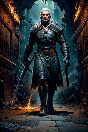 Masterpiece, beautiful details, perfect focus, uniform 8K wallpaper, high resolution, exquisite texture in every detail, The witcher walks through a foggy dark brick hallway, which is sparsely lit with torches hanging in holders on the wall, with his left hand he has drawn his silver sword and points it to the ground, the steel sword is in the sheath on his back,  a grim expression on his face, his medallion hangs visibly around his neck, his eyes glow slightly red through the darkness, view from the front, full body, nodf_lora,  beard,  yellow eyes,  armor,  chainmail ,