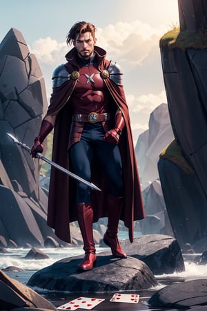 gambit from x-men stands on a rock, his cloak blowing in the wind, in one hand he holds his staff, in the other hand he holds a pair of playing cards, insertNameHere