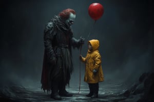 
The image shows a sinister clown holding a red balloon. The clown is standing in a dark, foggy setting and is looking at a child wearing a yellow raincoat. The child is looking at the balloon. The overall mood of the image is dark and eerie.