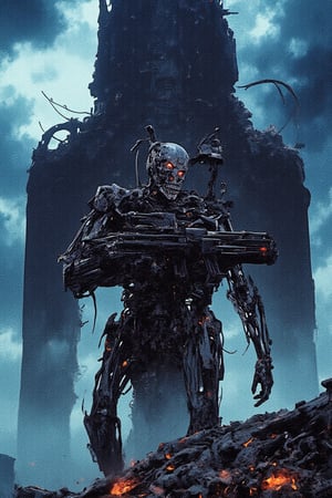 The image depicts a menacing cyborg, most likely a Terminator, standing in a post-apocalyptic landscape. The cyborg's metallic body is heavily damaged, with exposed wires and circuitry, but it still exudes an aura of power and intimidation. Its skeletal face, with glowing red eyes, is particularly terrifying.
In the background, a massive, dark spaceship looms over the scene, casting a sinister shadow. The sky is filled with thick, dark clouds, creating a foreboding atmosphere. The entire image is bathed in a cool, bluish light, further emphasizing the sense of danger and despair.
The cyborg is armed with a powerful minigun, suggesting that it is a formidable combatant. Its posture is aggressive, as if it is preparing to engage in battle. The overall impression of the image is one of fear, destruction, and a bleak future.
