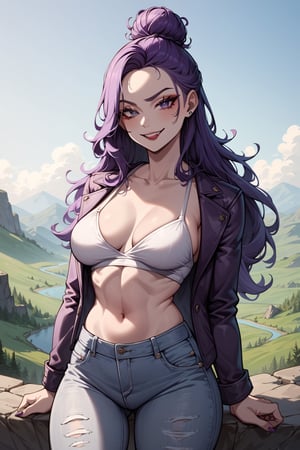 score_9, score_8_up, score_7_up, Woman,One,20 Years old,Skinny,Rounded breasts,Natural breasts,Purple hair,Seductive smirk,Beauty face,Slicked hair,Long hair,isle of skye, landscape, jean pants, purple leather jacket, messy bun