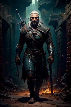 Masterpiece, beautiful details, perfect focus, uniform 8K wallpaper, high resolution, exquisite texture in every detail, The witcher walks through a foggy dark brick hallway, which is sparsely lit with torches hanging in holders on the wall, with his left hand he has drawn his silver sword and points it to the ground, the steel sword is in the sheath on his back,  a grim expression on his face, his medallion hangs visibly around his neck, his cat eyes glow slightly red through the darkness, view from the front, full body, nodf_lora,  beard,  yellow eyes,  armor,  chainmail ,