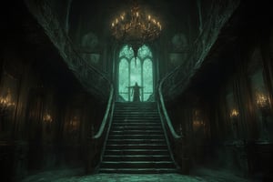 This image depicts the grand interior of a gothic mansion, steeped in mystery and dark elegance, evoking a classic haunted house ambiance.

- **The staircase**: At the center of the image is a large, sweeping staircase that ascends in two directions, forming a dramatic focal point. The staircase is made of dark wood, with intricately carved bannisters that give a sense of grandeur. The shadows cast by the wood add a haunting depth.

- **Chandelier**: Hanging from the high ceiling is a large, ornate chandelier, illuminating the room with a dim, ghostly light. The chandelier's design fits the gothic style, with multiple candles casting flickering shadows across the room.

- **Walls and pillars**: The walls are lined with dark wood paneling, intricately carved with gothic motifs and designs. Large pillars on either side of the staircase add a sense of weight and structure to the room, giving it a cathedral-like atmosphere.

- **Portraits and candles**: Several old portraits hang on the walls, their figures painted in dark tones, further enhancing the unsettling mood. These portraits likely represent the former inhabitants of the mansion, their expressions somber and foreboding. On both sides of the room, tall candelabras hold more candles, adding to the flickering, eerie light in the space.

- **Windows and lighting**: Behind the staircase is a large arched window, with opaque glass, allowing a faint greenish-blue glow to seep through. This light is dim, almost moonlike, contributing to the overall gloomy and supernatural feel. The muted lighting adds mystery, making the room feel uninhabited yet watched.

- **Flooring**: The wooden floor is slightly worn, suggesting that while the mansion is old, it has stood the test of time. The floorboards creak with history, perhaps hiding secrets beneath them.

This image conveys an atmosphere of decay and grandeur, as if this mansion was once magnificent but now holds untold dark stories within its walls. It could easily serve as a setting for a gothic horror narrative or a haunted estate.