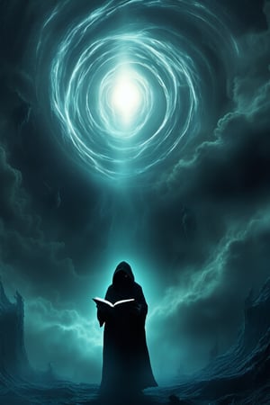 A mysterious, hooded figure stands at the edge of a vast abyss, gazing into a swirling vortex of darkness and starlight. Framed by a foreboding sky filled with dark clouds, the scene is dominated by the eerie glow emanating from the book held in the figure's hand. Faint, ghostly silhouettes circle above, as shadowy tendrils reach out from the void below, adding to an atmosphere of foreboding and otherworldliness.