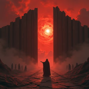 A desolate landscape stretches out beneath a blood-Red sky, ashen hues casting long shadows across cracked earth. A lone figure, shrouded in dark robes, stands poised before an ancient stone gate, glowing runes etched into its weathered surface. The gate's massive wooden slats creak open, revealing a void shrouded in swirling mists. The figure extends their hand, palm upwards, towards the churning mist, while shadowy silhouettes gather behind, their faces obscured by darkness, watching with an air of silent anticipation.