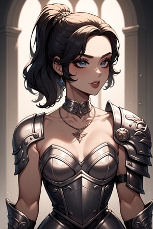 score_9, score_8_up, score_7_up, Classic tattoos, Makeup, Long eyelashes, Beauty face, Ombre, Short hair, Ponytail, Antique clothing, Necklace, Diadem, Dress, Woman, Small breasts, One, Castle, Armor gloves, Armor, Decollete