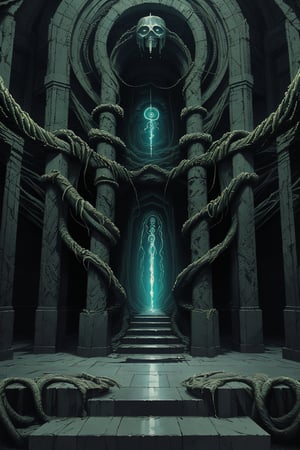 A lone figure, shrouded in mystery, ascends a weathered stone staircase, its worn steps serpentine-like, coiled with sinuous vines. Ethereal flames dance along the staircase's edges, casting an eerie glow on the ancient runes that pulse with arcane power beneath. The colossal eye in the sky looms above, representing the unknown, as the figure approaches the threshold of revelation, surrounded by the whispering darkness.