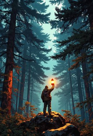 A cinematic shot frames the protagonist standing at the edge of a dense, misty forest, with towering trees looming in the background. The warm glow of a lantern held aloft by the traveler casts eerie shadows on the surrounding foliage, symbolizing the uncertainty and trepidation felt as they venture into the unknown.