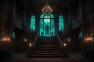 This image depicts the grand interior of a gothic mansion, steeped in mystery and dark elegance, evoking a classic haunted house ambiance.

- **The staircase**: At the center of the image is a large, sweeping staircase that ascends in two directions, forming a dramatic focal point. The staircase is made of dark wood, with intricately carved bannisters that give a sense of grandeur. The shadows cast by the wood add a haunting depth.

- **Chandelier**: Hanging from the high ceiling is a large, ornate chandelier, illuminating the room with a dim, ghostly light. The chandelier's design fits the gothic style, with multiple candles casting flickering shadows across the room.

- **Walls and pillars**: The walls are lined with dark wood paneling, intricately carved with gothic motifs and designs. Large pillars on either side of the staircase add a sense of weight and structure to the room, giving it a cathedral-like atmosphere.

- **Portraits and candles**: Several old portraits hang on the walls, their figures painted in dark tones, further enhancing the unsettling mood. These portraits likely represent the former inhabitants of the mansion, their expressions somber and foreboding. On both sides of the room, tall candelabras hold more candles, adding to the flickering, eerie light in the space.

- **Windows and lighting**: Behind the staircase is a large arched window, with opaque glass, allowing a faint greenish-blue glow to seep through. This light is dim, almost moonlike, contributing to the overall gloomy and supernatural feel. The muted lighting adds mystery, making the room feel uninhabited yet watched.

- **Flooring**: The wooden floor is slightly worn, suggesting that while the mansion is old, it has stood the test of time. The floorboards creak with history, perhaps hiding secrets beneath them.

This image conveys an atmosphere of decay and grandeur, as if this mansion was once magnificent but now holds untold dark stories within its walls. It could easily serve as a setting for a gothic horror narrative or a haunted estate. A ghostly apparition that appears slightly green is easily visible in the background,illustrated,Fantasy drawing,fluxtration