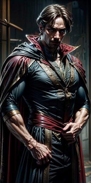 doctor strange, classic costume, red cape, more detail XL, masterpiece, best quality, incredibly absurdress, highres, high detail eyes, high detail background, male focus, ,Real