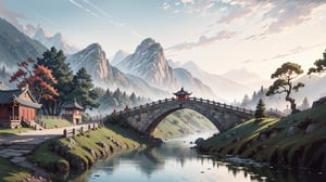 (masterpiece, best quality, highres, ultra detailed, detailed background:1.2),Disney style,64k, ultra-detailed, ultra-accurate detail, bokeh lighting, near perfect, dynamic, highly detailed,pure background,Chinese landscape painting style, small bridge, flowing water,pastelbg