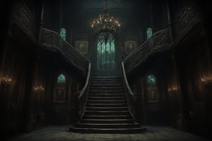 This image depicts the grand interior of a gothic mansion, steeped in mystery and dark elegance, evoking a classic haunted house ambiance.

- **The staircase**: At the center of the image is a large, sweeping staircase that ascends in two directions, forming a dramatic focal point. The staircase is made of dark wood, with intricately carved bannisters that give a sense of grandeur. The shadows cast by the wood add a haunting depth.

- **Chandelier**: Hanging from the high ceiling is a large, ornate chandelier, illuminating the room with a dim, ghostly light. The chandelier's design fits the gothic style, with multiple candles casting flickering shadows across the room.

- **Walls and pillars**: The walls are lined with dark wood paneling, intricately carved with gothic motifs and designs. Large pillars on either side of the staircase add a sense of weight and structure to the room, giving it a cathedral-like atmosphere.

- **Portraits and candles**: Several old portraits hang on the walls, their figures painted in dark tones, further enhancing the unsettling mood. These portraits likely represent the former inhabitants of the mansion, their expressions somber and foreboding. On both sides of the room, tall candelabras hold more candles, adding to the flickering, eerie light in the space.

- **Windows and lighting**: Behind the staircase is a large arched window, with opaque glass, allowing a faint greenish-blue glow to seep through. This light is dim, almost moonlike, contributing to the overall gloomy and supernatural feel. The muted lighting adds mystery, making the room feel uninhabited yet watched.

- **Flooring**: The wooden floor is slightly worn, suggesting that while the mansion is old, it has stood the test of time. The floorboards creak with history, perhaps hiding secrets beneath them.

This image conveys an atmosphere of decay and grandeur, as if this mansion was once magnificent but now holds untold dark stories within its walls. It could easily serve as a setting for a gothic horror narrative or a haunted estate.