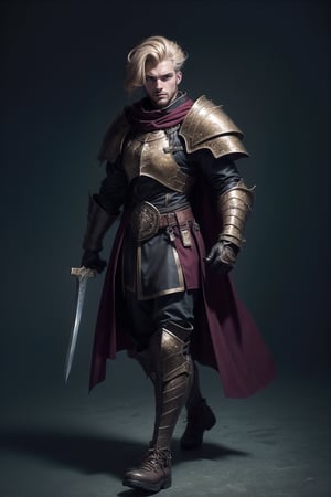 Man 20 years old,Paladin,steel plate armor,((chest plate is angled giving it a edgy look while sectioned into multiple plates)),plate arm guards,armor,long plate boots,Brown cloak covering his face, a full well-maintained beard adorns his jawline, he is holding a beautifull sword. (dirty blonde hair color). he is walking through the desert. (((dark fantasy artstyle))).

Style: dark fantasy, gothic, ((((best artpiece ever))))