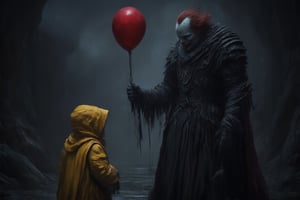 
The image shows a sinister clown holding a red balloon. The clown is standing in a dark, foggy setting and is looking at a child wearing a yellow raincoat. The child is looking at the balloon. The overall mood of the image is dark and eerie.