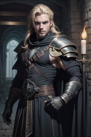 Who: Aldric Wolfenhaur, danish, a human paladin with a fair complexion, he is (((25 years old))).

Distance from camera: slightly elevated view from the front, capturing him in a commanding stance, full body.

Position: front facing,one foot slightly forward, as if in mid-stride. His sword is held loosely in one hand, the tip resting on the ground, while his other hand is raised in a calming gesture.

Details on the head: His ((tousled locks of blonde hair)), a full well-maintained beard adorns his jawline, adding to his commanding presence.

Human figure and its details: his muscular frame evidence of countless battles. His bearing is regal, his presence demanding respect.

Clothing and accessories:Clad in full layered plate armor of darkest steel,(((chestplate with multiple layers of overlapping plates))), Each layer is adorned with its own unique patterns, adding complexity to the overall design, engraved with (((celestial symbols and dark runes))), A cloak of deepest charcoal goes over his shoulders, adding an air of mystery to his ensemble, with leather gloves.

Location: he stands in is dimly lit room, with flickering torches casting dancing shadows along the stone walls. Heavy tapestries depicting ancient battles hang from iron rods, their colors faded with time. A large wooden table dominates the center of the room, strewn with maps and parchment scrolls. Dust motes float lazily in the air, catching the soft light that filters through narrow windows set high in the walls

Type of lighting: Soft and diffused, casting gentle highlights upon Aldric's features, emphasizing the determination in his eyes and the strength in his stance.

Style: dark fantasy, gothic, ((((best artpiece ever))))