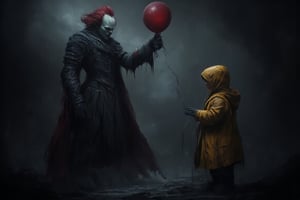 
The image shows a sinister clown holding a red balloon. The clown is standing in a dark, foggy setting and is looking at a child wearing a yellow raincoat. The child is looking at the balloon. The overall mood of the image is dark and eerie.