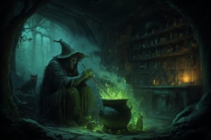 "A dark, eerie hut hidden deep in a foggy, ancient forest. A wicked witch sits hunched over a bubbling cauldron, stirring a glowing, poisonous green potion. Her gnarled fingers grasp a wooden spoon as tendrils of smoke curl from the cauldron, filling the dimly lit room. The shelves are cluttered with strange ingredients—jars of preserved eyes, dried herbs, animal bones, and glowing crystals. Flickering candlelight casts long shadows, and in the background, a black cat watches with glowing eyes. The atmosphere is thick with mystery, danger, and dark magic,Fantasy drawing