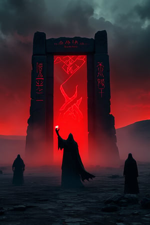 A desolate landscape beneath a blood-red sky, where a figure clad in dark robes stands before a massive, ancient stone gate inscribed with glowing runes. The gate opens into a void filled with swirling mists, and the figure extends their hand towards it, while shadowy figures linger in the background, watching silently