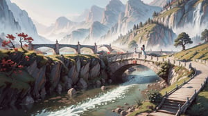 (masterpiece, best quality, highres, ultra detailed, detailed background:1.2),Disney style,64k, ultra-detailed, ultra-accurate detail, bokeh lighting, near perfect, dynamic, highly detailed,pure background,Chinese landscape painting style, small bridge, flowing water,pastelbg