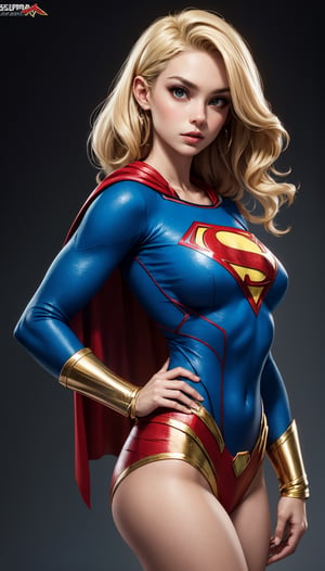 superwoman, blonde hair, superman costume, poking nipples under clothes