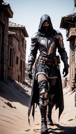 Man, Paladin, steel plate armor, ((chest plate is angled giving it a edgy look while sectioned into multiple plates)), plate arm guards, armor, long plate boots, Brown cloak covering his face, a full well-maintained beard adorns his jawline. he is walking through the desert. (((dark fantasy artstyle))).
wolf companion,