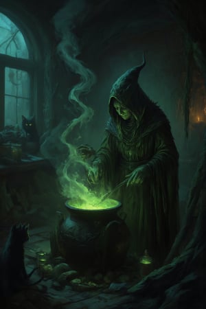 Deep within a fog-shrouded ancient forest, a mysterious hut emerges from the mist. Inside, a wicked witch hunches over a bubbling cauldron, stirring a toxic green potion as tendrils of smoke curl upward, illuminating her gnarled fingers grasping a wooden spoon. The dimly lit room is cluttered with strange ingredients: jars of preserved eyes, dried herbs, animal bones, and glowing crystals. Flickering candlelight casts long shadows across the walls, where a black cat watches with piercing green eyes in the background. A dark, eerie atmosphere pervades, exuding mystery, danger, and an aura of dark magic.