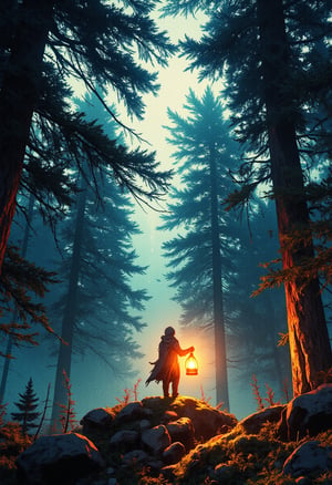 A cinematic shot frames the protagonist standing at the edge of a dense, misty forest, with towering trees looming in the background. The warm glow of a lantern held aloft by the traveler casts eerie shadows on the surrounding foliage, symbolizing the uncertainty and trepidation felt as they venture into the unknown.