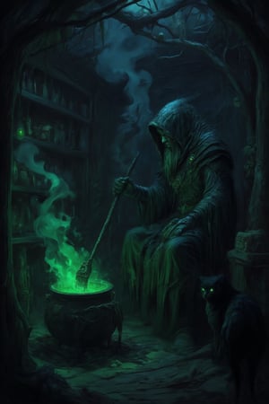 A dark, eerie hut hidden deep in a foggy, ancient forest, the dimly lit interior illuminated by flickering candles casting long shadows across shelves cluttered with strange ingredients: preserved eyes, dried herbs, animal bones, and glowing crystals. A wicked witch sits hunched over a bubbling cauldron, stirring a glowing, poisonous green potion with gnarled fingers grasping a wooden spoon as tendrils of smoke curl into the air. In the background, a black cat watches with glowing eyes, the atmosphere thick with mystery, danger, and dark magic.