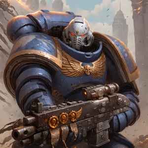 uhd, 8k, high quality, digital illustration, b;izzard art style, a man wearing white knight armor, with a silver helmet, holding bolter, fighting in a city, full body, primaris helmet ,Knight armor