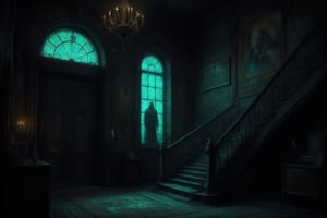 A dimly lit, opulent interior: A grand chandelier casts flickering shadows on dark wood panelled walls, adorned with somber portraits of forgotten ancestors. The sweeping staircase, intricately carved and shadowed, rises from the worn wooden floor, its curves disappearing into the darkness. In the background, a large arched window with opaque glass glows faintly greenish-blue, casting an eerie ambiance. A ghostly apparition, shrouded in mystery, appears in the distance, its ethereal form illuminated by the subtle luminescence.