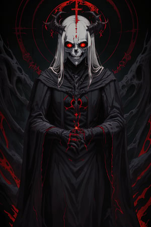 A Gothic fashion-inspired cult priest,skull Head Demon,
 with a horror twist exudes an aura of dark elegance and sinister mystique. Cloaked in flowing robes adorned with occult symbols, his attire hints at forbidden rituals and arcane knowledge With pale,skll,nodf_lora, leviathan cross  on clothes, red glowing eyes, 