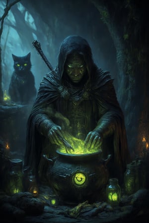 Deep within a fog-shrouded ancient forest, a mysterious hut emerges from the mist. Inside, a wicked witch hunches over a bubbling cauldron, stirring a toxic green potion as tendrils of smoke curl upward, illuminating her gnarled fingers grasping a wooden spoon. The dimly lit room is cluttered with strange ingredients: jars of preserved eyes, dried herbs, animal bones, and glowing crystals. Flickering candlelight casts long shadows across the walls, where a black cat watches with piercing green eyes in the background. A dark, eerie atmosphere pervades, exuding mystery, danger, and an aura of dark magic.,hkstyle