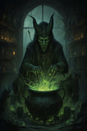 "A dark, eerie hut hidden deep in a foggy, ancient forest. A wicked witch sits hunched over a bubbling cauldron, stirring a glowing, poisonous green potion. Her gnarled fingers grasp a wooden spoon as tendrils of smoke curl from the cauldron, filling the dimly lit room. The shelves are cluttered with strange ingredients—jars of preserved eyes, dried herbs, animal bones, and glowing crystals. Flickering candlelight casts long shadows, and in the background, a black cat watches with glowing eyes. The atmosphere is thick with mystery, danger, and dark magic,Fantasy drawing