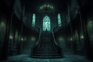 This image depicts the grand interior of a gothic mansion, steeped in mystery and dark elegance, evoking a classic haunted house ambiance.

- **The staircase**: At the center of the image is a large, sweeping staircase that ascends in two directions, forming a dramatic focal point. The staircase is made of dark wood, with intricately carved bannisters that give a sense of grandeur. The shadows cast by the wood add a haunting depth.

- **Chandelier**: Hanging from the high ceiling is a large, ornate chandelier, illuminating the room with a dim, ghostly light. The chandelier's design fits the gothic style, with multiple candles casting flickering shadows across the room.

- **Walls and pillars**: The walls are lined with dark wood paneling, intricately carved with gothic motifs and designs. Large pillars on either side of the staircase add a sense of weight and structure to the room, giving it a cathedral-like atmosphere.

- **Portraits and candles**: Several old portraits hang on the walls, their figures painted in dark tones, further enhancing the unsettling mood. These portraits likely represent the former inhabitants of the mansion, their expressions somber and foreboding. On both sides of the room, tall candelabras hold more candles, adding to the flickering, eerie light in the space.

- **Windows and lighting**: Behind the staircase is a large arched window, with opaque glass, allowing a faint greenish-blue glow to seep through. This light is dim, almost moonlike, contributing to the overall gloomy and supernatural feel. The muted lighting adds mystery, making the room feel uninhabited yet watched.

- **Flooring**: The wooden floor is slightly worn, suggesting that while the mansion is old, it has stood the test of time. The floorboards creak with history, perhaps hiding secrets beneath them.

This image conveys an atmosphere of decay and grandeur, as if this mansion was once magnificent but now holds untold dark stories within its walls. It could easily serve as a setting for a gothic horror narrative or a haunted estate.