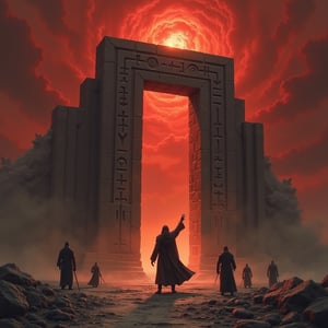 A desolate landscape beneath a blood-red sky, where a figure clad in dark robes stands before a massive, ancient stone gate inscribed with glowing runes. The gate opens into a void filled with swirling mists, and the figure extends their hand towards it, while shadowy figures linger in the background, watching silently