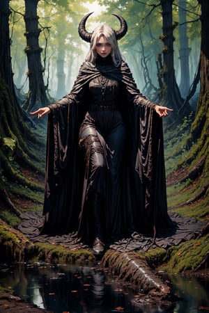 Masterpiece, beautiful details, perfect focus, uniform 8K wallpaper, high resolution, exquisite texture in every detail, a medieval witch, dressed in a heavy shroud, casting unholy spells deep in the forests of the Harz mountains. With outstretched arms, she conjures a black goat and a writhing serpent from the wet clay beneath her, nodf_lora
