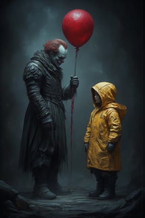 
The image shows a sinister clown holding a red balloon. The clown is standing in a dark, foggy setting and is looking at a child wearing a yellow raincoat. The child is looking at the balloon. The overall mood of the image is dark and eerie.