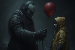 
The image shows a sinister clown holding a red balloon. The clown is standing in a dark, foggy setting and is looking at a child wearing a yellow raincoat. The child is looking at the balloon. The overall mood of the image is dark and eerie.