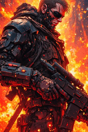 Here is a prompt for an SD model to generate the described image:

A futuristic cyborg character in a dynamic pose, with a stern expression and battle-damaged face, stands amidst a backdrop of intense flames and debris. His cybernetic arm, featuring intricate metallic components and red glowing lights, holds a large futuristic firearm with complex mechanics and scope. The figure wears a black leather jacket and dark sunglasses, exuding a tough and rebellious aura. Framed in a cinematic scene with vivid colors and sharp contrasts, the image features ultra-high texture details and a semi-realistic aesthetic, as if rendered in HDR 10+.