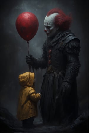 
The image shows a sinister clown holding a red balloon. The clown is standing in a dark, foggy setting and is looking at a child wearing a yellow raincoat. The child is looking at the balloon. The overall mood of the image is dark and eerie.