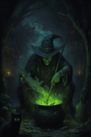 A dark, eerie hut hidden deep in a foggy, ancient forest, the dimly lit interior illuminated by flickering candles casting long shadows across shelves cluttered with strange ingredients: preserved eyes, dried herbs, animal bones, and glowing crystals. A wicked witch sits hunched over a bubbling cauldron, stirring a glowing, poisonous green potion with gnarled fingers grasping a wooden spoon as tendrils of smoke curl into the air. In the background, a black cat watches with glowing eyes, the atmosphere thick with mystery, danger, and dark magic.